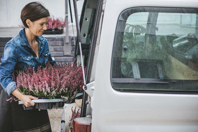 A women working and eating from her company car